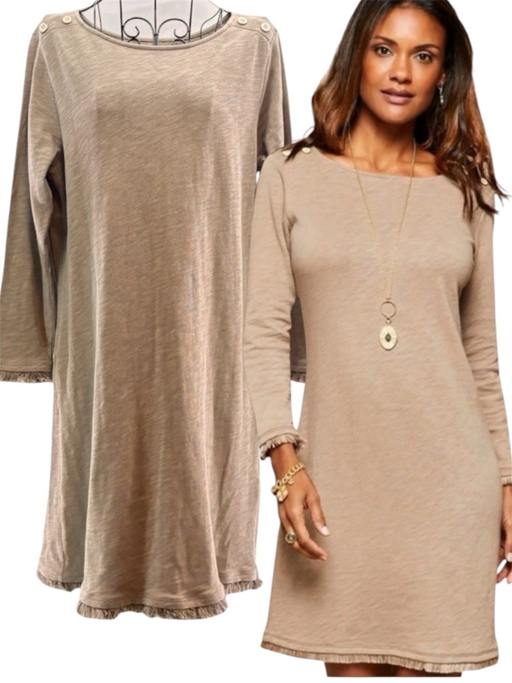 Spartina 449 Mila Fringe Knit Beige Mini Dress Boat Neckline Coastal Size M